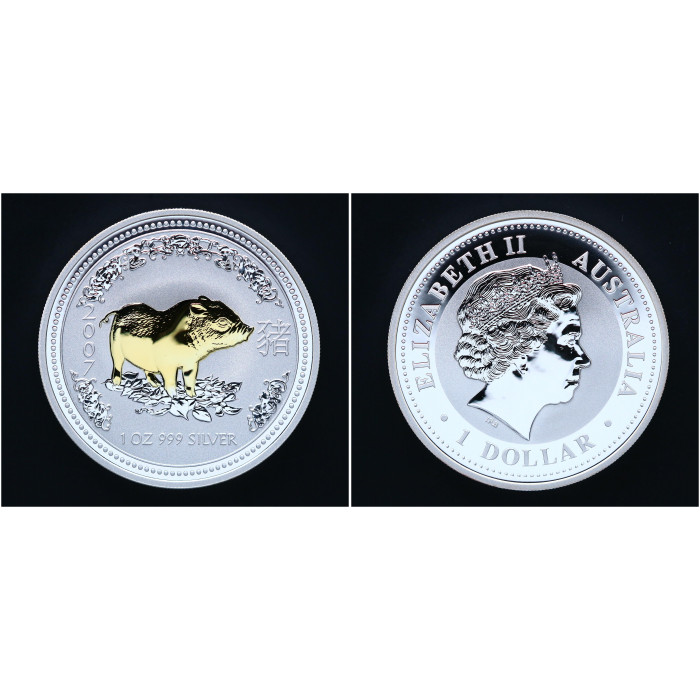 Австралия 1 Доллар 2007 год Серебро 999 Год Кабана / Свиньи Позолота Лунар Китайский гороскоп Елизавета II