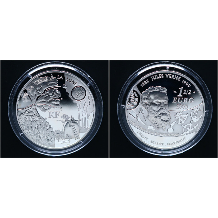 Франция 1 1/2 - 1,5 Евро 2005 год Ag 100 лет со дс Жюля Верна / С Земли на Луну РЕДКАЯ !