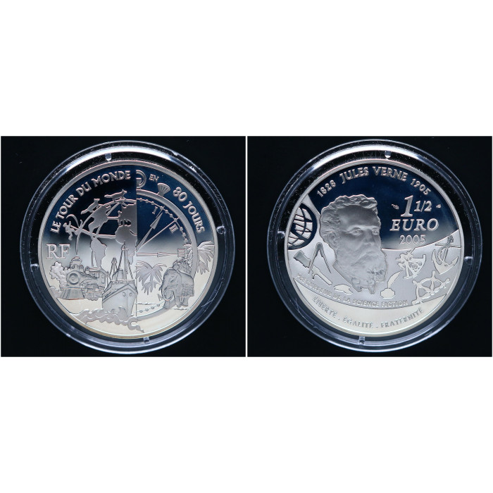 Франция 1 1/2 - 1,5 Евро 2005 год Ag 100 лет со дс Жюля Верна / Вокруг света за 80 дней РЕДКАЯ !