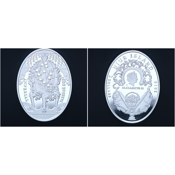 Ниуэ 2 Доллара 2010 год. Серебро 925 пр. Яйцо Фаберже Ландыши. Императорские яйца