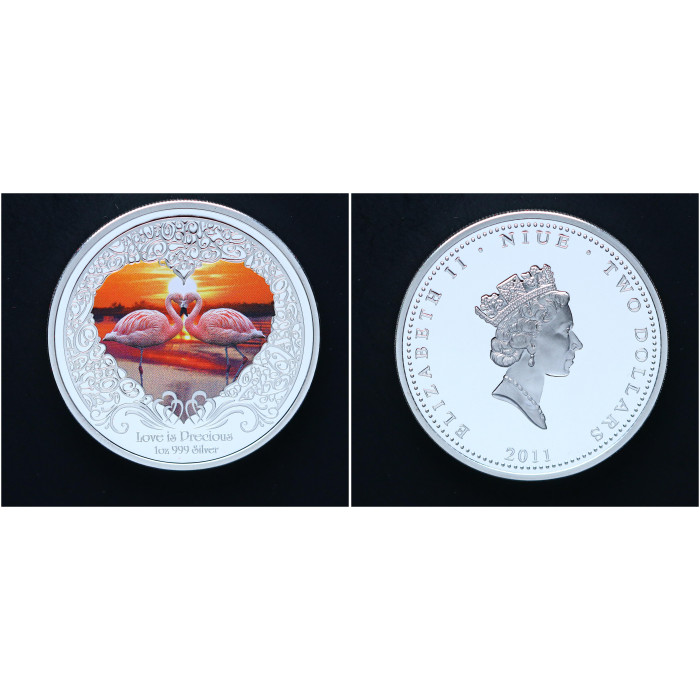 Ниуэ 2 Доллара 2011 год. Серебро 999. Любовь бесценна Фламинго. Сердце. Цветная