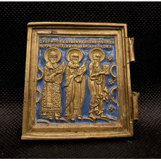 Царская Россия. Створка от складня Деисус с предстоящими "Девятка". Избранные святые. Эмаль