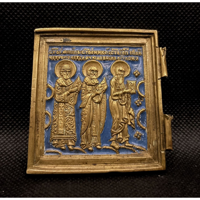 Царская Россия. Створка от складня Деисус с предстоящими "Девятка". Избранные святые. Эмаль
