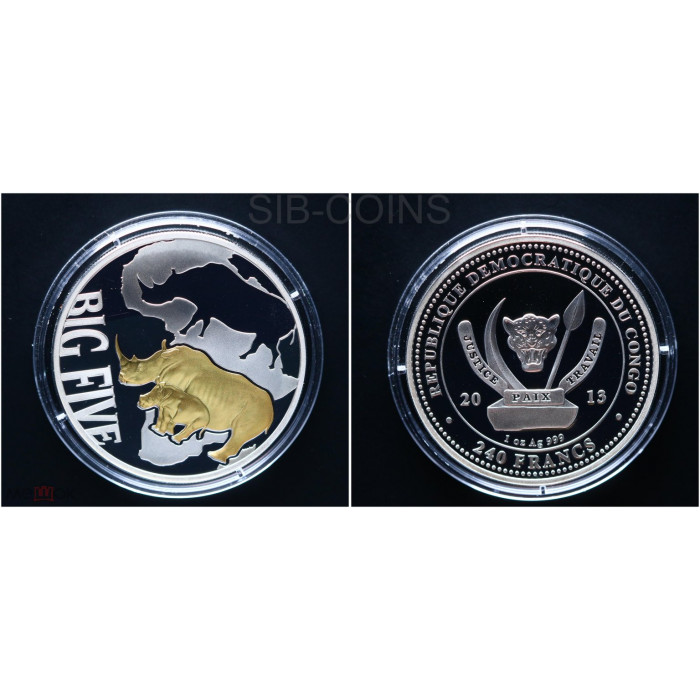 Конго набор из 4 монет 400 Франков 2013 год Ag 999 Носороги Большая пятерка