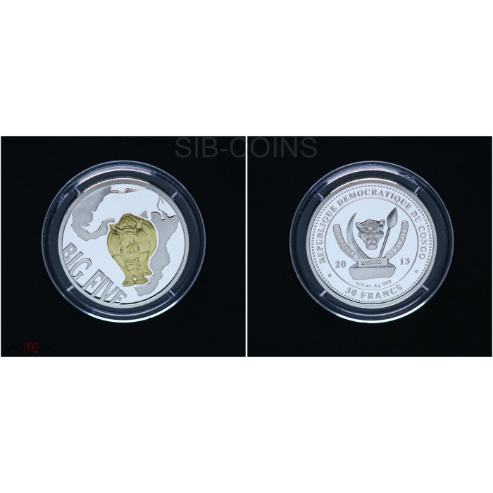 Конго набор из 4 монет 400 Франков 2013 год Ag 999 Носороги Большая пятерка