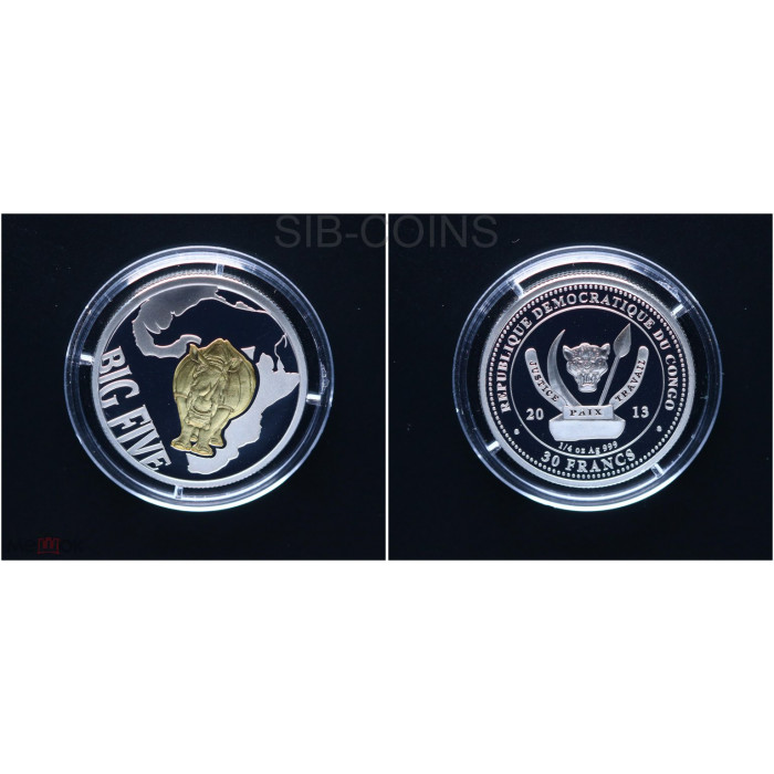 Конго набор из 4 монет 400 Франков 2013 год Ag 999 Носороги Большая пятерка