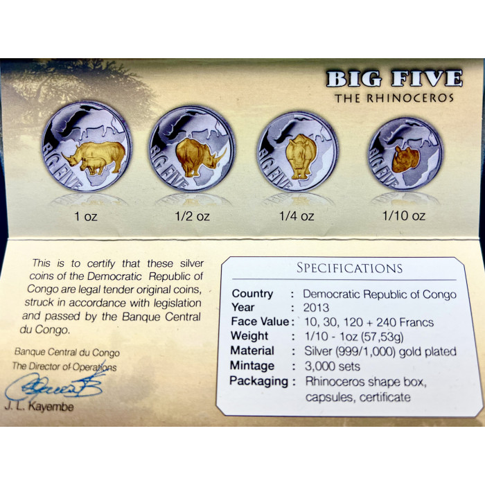 Конго набор из 4 монет 400 Франков 2013 год Ag 999 Носороги Большая пятерка