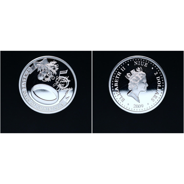 Ниуэ 2 Доллара 2009 год. Ag. "Двенадцать дней Рождества - День 5, Золотые кольца" 