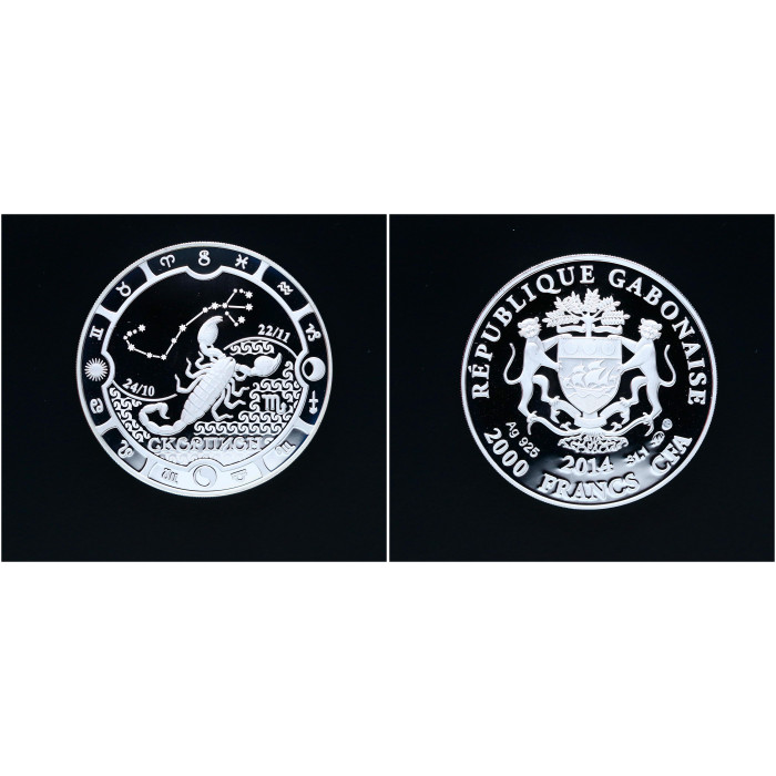 Габон 2000 Франков 2014 ММД год. Ag. Знаки зодиака - Скорпион