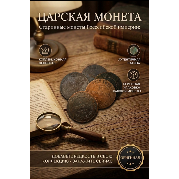 Монета Царской России "5 Копеек 1869 ЕМ год". Период правления Александра II. Оригинал. (BOX86)