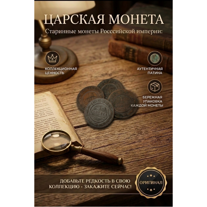 Монета Царской России "1 Копейка 1876 СПБ год". Период правления Александра II. Оригинал. (BOX1122)