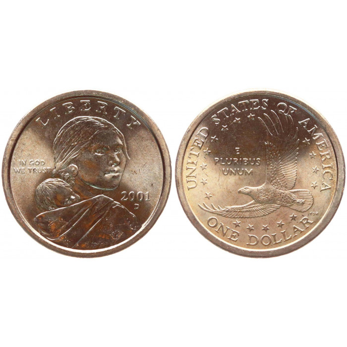 США 1 Доллар 2001 D год UNC Сакагавея Коренные американцы Парящий орёл