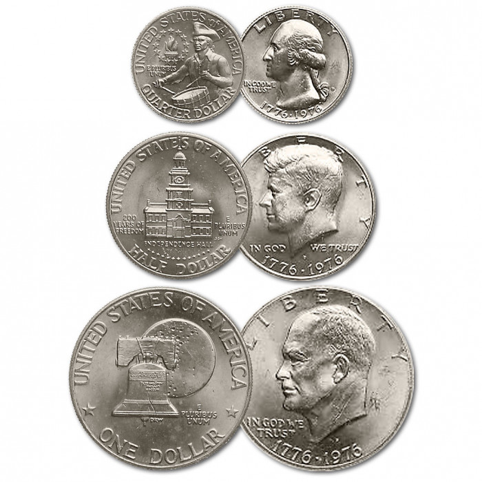 США 25 50 Центов 1 Доллар 1976 год UNC KM# 204, 205, 206 200 лет Независимости Набор из 3 монет (BOX)