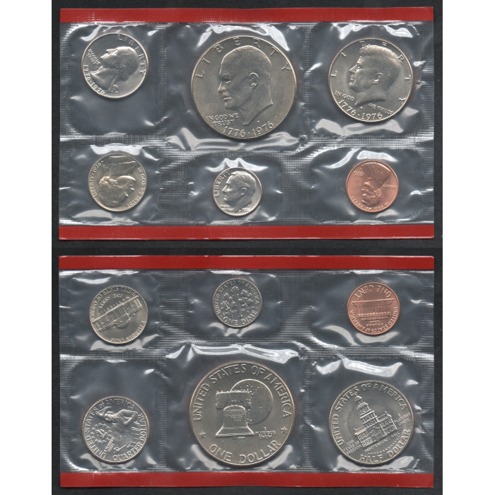 США 1 5 10 25 50 Центов 1 Доллар 1976 D год UNC MS# 137 200 лет Независимости Набор из 6 монет В банковской запайке