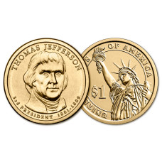 США 1 Доллар 2007 P год UNC Президенты № 3 Томас Джефферсон