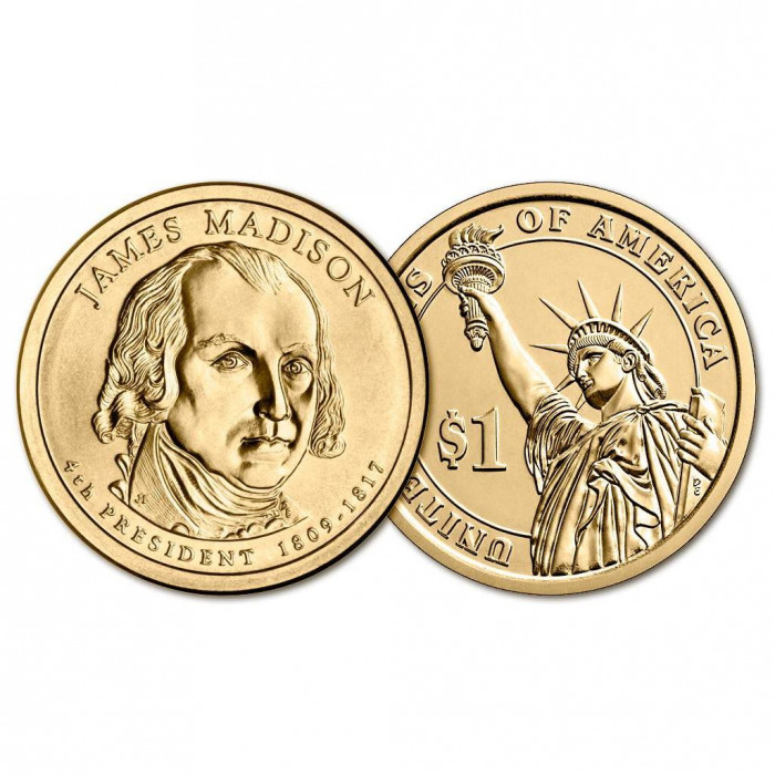 США 1 Доллар 2007 P год UNC Президенты № 4 Джеймс Мэдисон