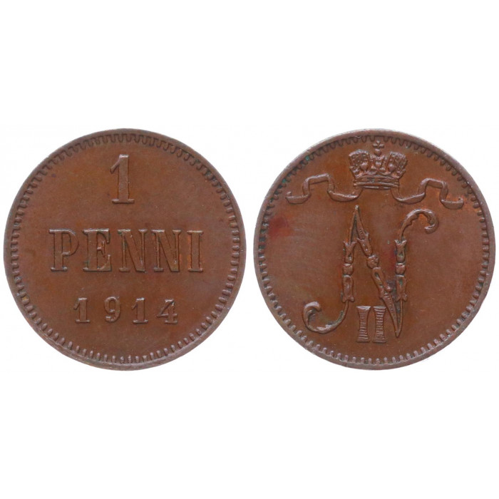 Россия Финляндия 1 Пенни 1914 год XF Бит# 474 Вензель Николая II