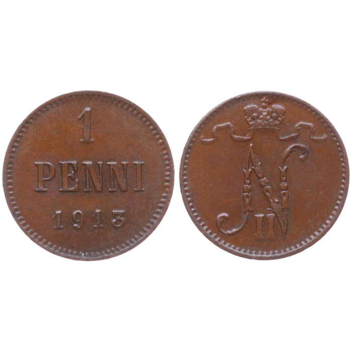 Россия Финляндия 1 Пенни 1913 год XF Бит# 473 Вензель Николая II
