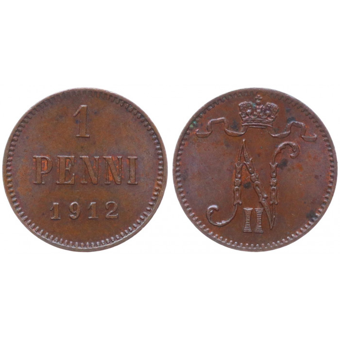 Россия Финляндия 1 Пенни 1912 год XF Бит# 472 Вензель Николая II