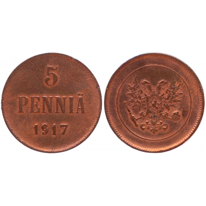 Россия Финляндия 5 Пенни 1917 год XF+ Бит# GSF4 С гербовым орлом
