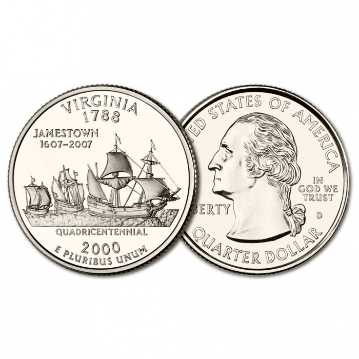 США 25 центов 2000 D год UNC Штаты и территории № 10 Виргиния
