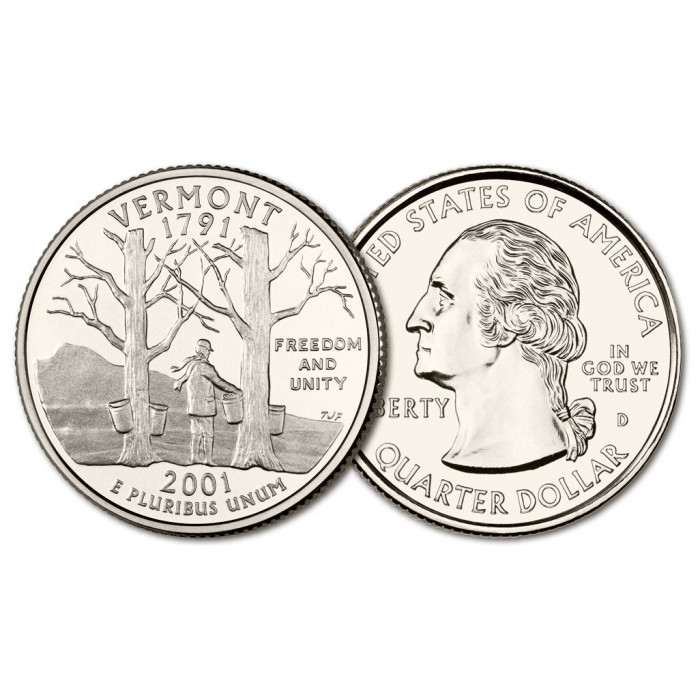 США 25 центов 2001 D год UNC Штаты и территории № 14 Вермонт