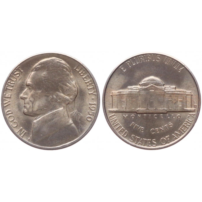 США 5 Центов 1950 D год UNC KM# a192 Томас Джефферсон Редкая