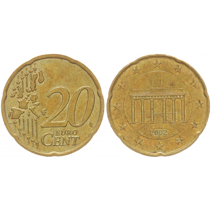 Германия ФРГ 20 Евроцентов 2002 J год KM# 211 Бранденбургские ворота