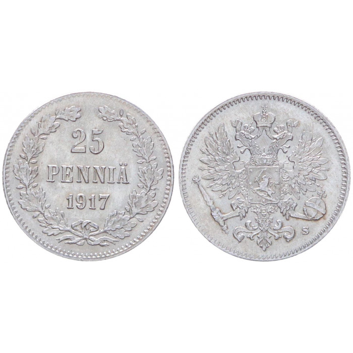 Россия Финляндия 25 Пенни 1917 S год Серебро UNC Бит# 422 Орёл с тремя коронами (BOX)