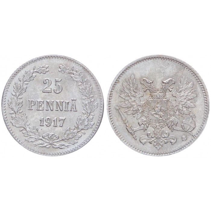 Россия Финляндия 25 Пенни 1917 S год Серебро UNC Бит# GSF2 Орёл без корон (BOX)