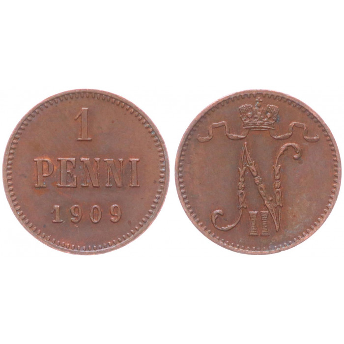 Россия Финляндия 1 Пенни 1909 год XF Бит# 470 Вензель Николая II