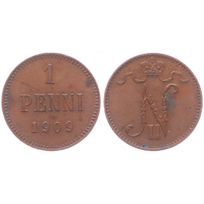 Россия Финляндия 1 Пенни 1909 год XF Бит# 470 Вензель Николая II