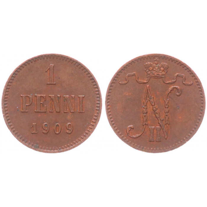 Россия Финляндия 1 Пенни 1909 год XF Бит# 470 Вензель Николая II