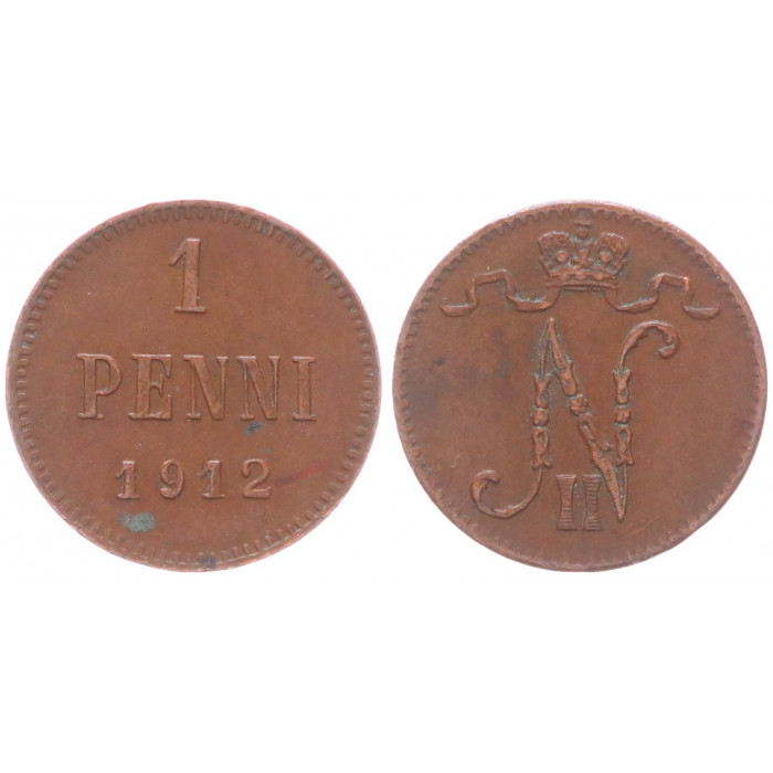 Россия Финляндия 1 Пенни 1912 год XF Бит# 472 Вензель Николая II
