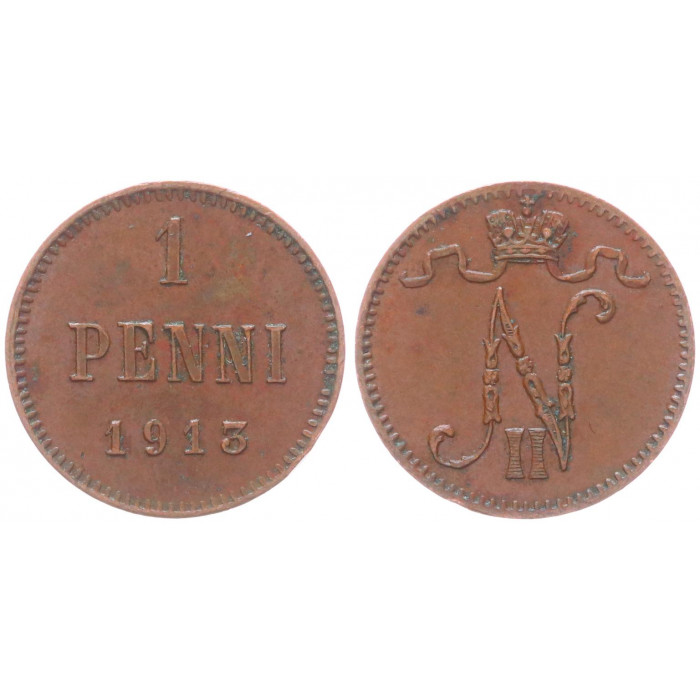 Россия Финляндия 1 Пенни 1913 год XF Бит# 473 Вензель Николая II