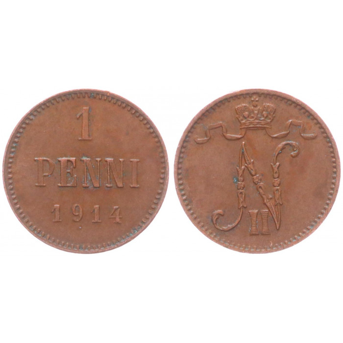 Россия Финляндия 1 Пенни 1914 год XF Бит# 474 Вензель Николая II