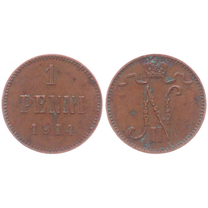 Россия Финляндия 1 Пенни 1914 год XF Бит# 474 Вензель Николая II