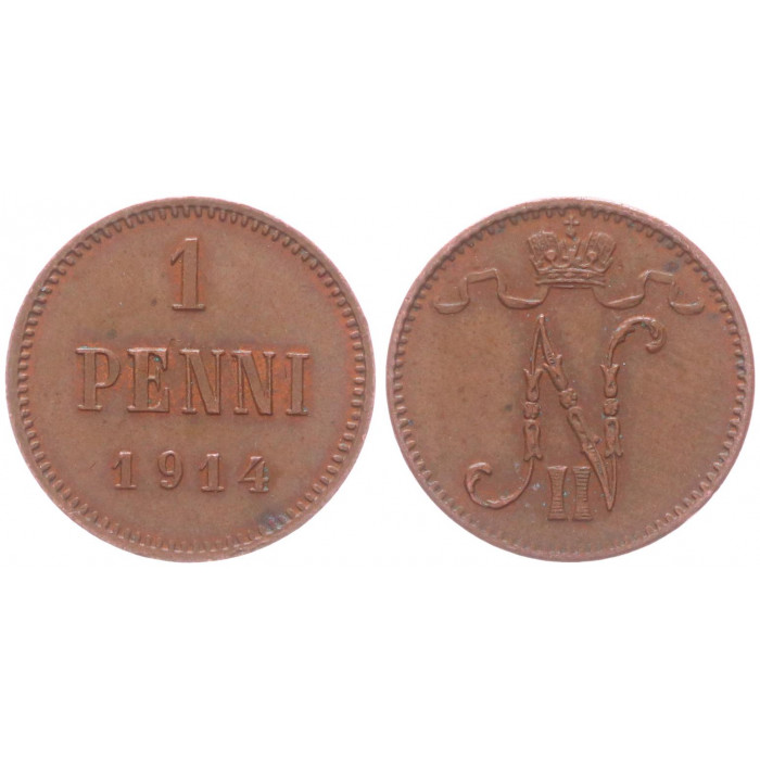 Россия Финляндия 1 Пенни 1914 год XF Бит# 474 Вензель Николая II