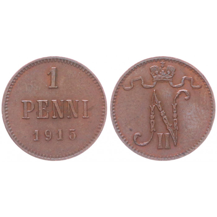 Россия Финляндия 1 Пенни 1915 год XF Бит# 475 Вензель Николая II