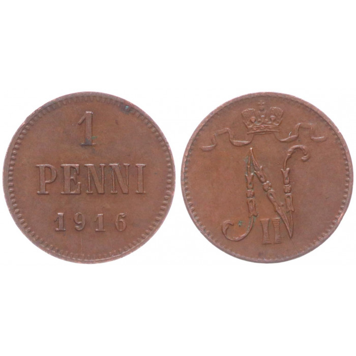 Россия Финляндия 1 Пенни 1916 год XF Бит# 476 Вензель Николая II