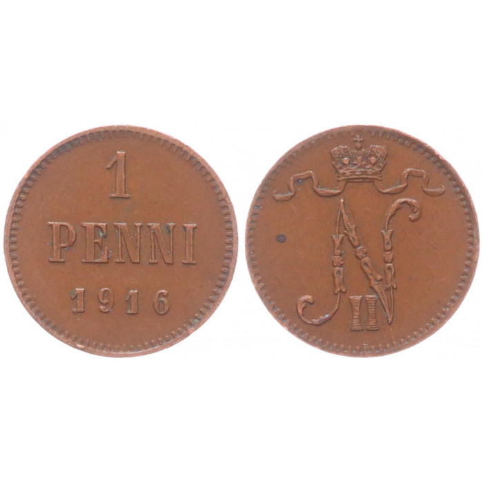 Россия Финляндия 1 Пенни 1916 год XF Бит# 476 Вензель Николая II