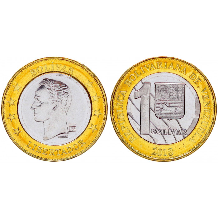 Венесуэла 1 Боливар 2018 год UNC Y# 108 Симон Боливар Биметалл (BOX)