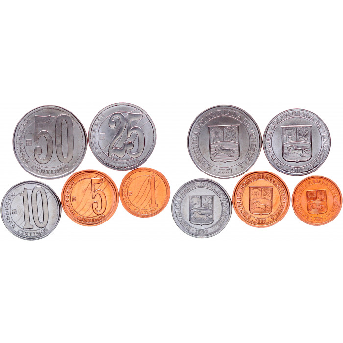 Венесуэла 1 5 10 25 50 Сентимо 2007 - 2009 год UNC Y# 87, 88, 89, 91, 92 Набор из 5 монет (BOX712)