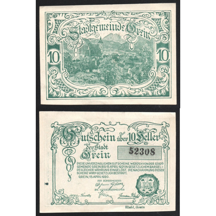 Австрия 10 Геллеров 1920 год Jak# JPR0276IIIa-10 Грайн Нотгельд № 52308