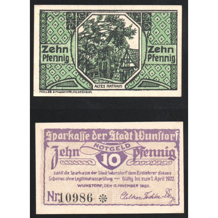 Германия 10 Пфеннигов 1920 (1922) год GrM# 1028.3a-2/4 1458.1a-2/4 Вунсторф Ганновер Нижняя Саксония Нотгельд