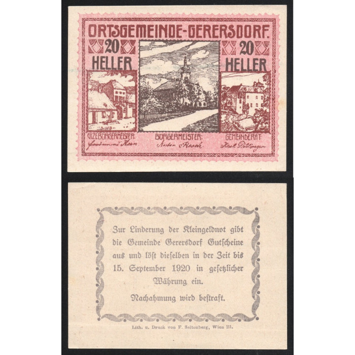 Австрия 20 Геллеров 1920 год Jak# JPR0230a-20 Герерсдорф Нижняя Австрия Нотгельд