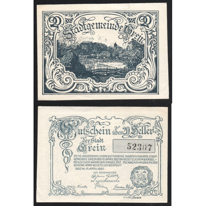 Австрия 20 Геллеров 1920 год Jak# JPR0276IIIa-20 Грайн Верхняя Австрия Нотгельд