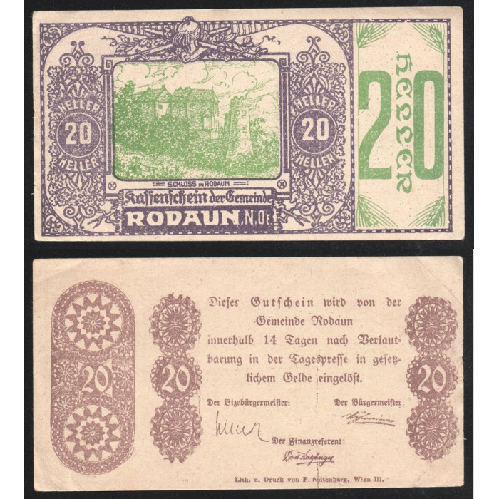 Австрия 20 Геллеров 1920 год Jak# JPR0840IIa-20 Rodaun Нотгельд
