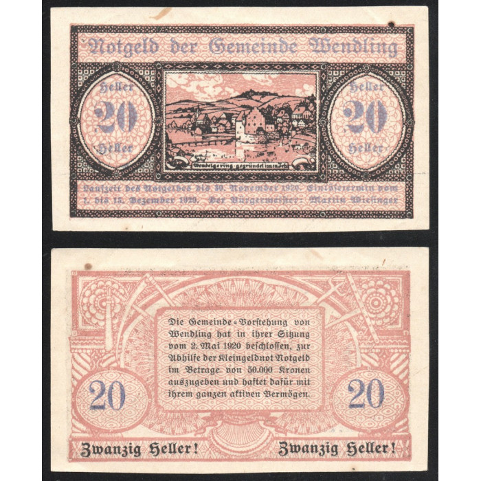 Австрия 20 Геллеров 1920 год Jak# JPR1170a-20 Вендлинг Верхняя Австрия Нотгельд