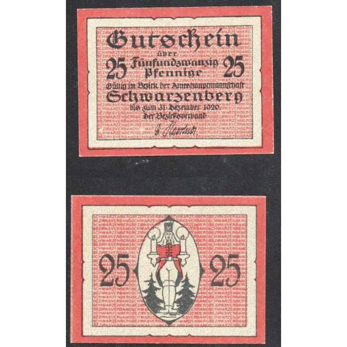 Германия 25 Пфеннигов 1920 год Gra# S58.4b Шварценберг Саксония Нотгельд